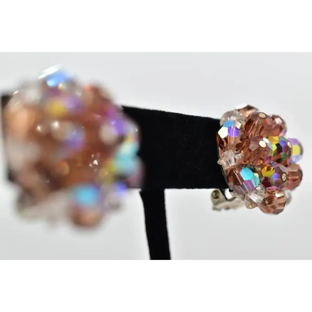 Laguna Vintage Clip On Crystal Earrings Champagne AB Cluster Signed 1950s A24